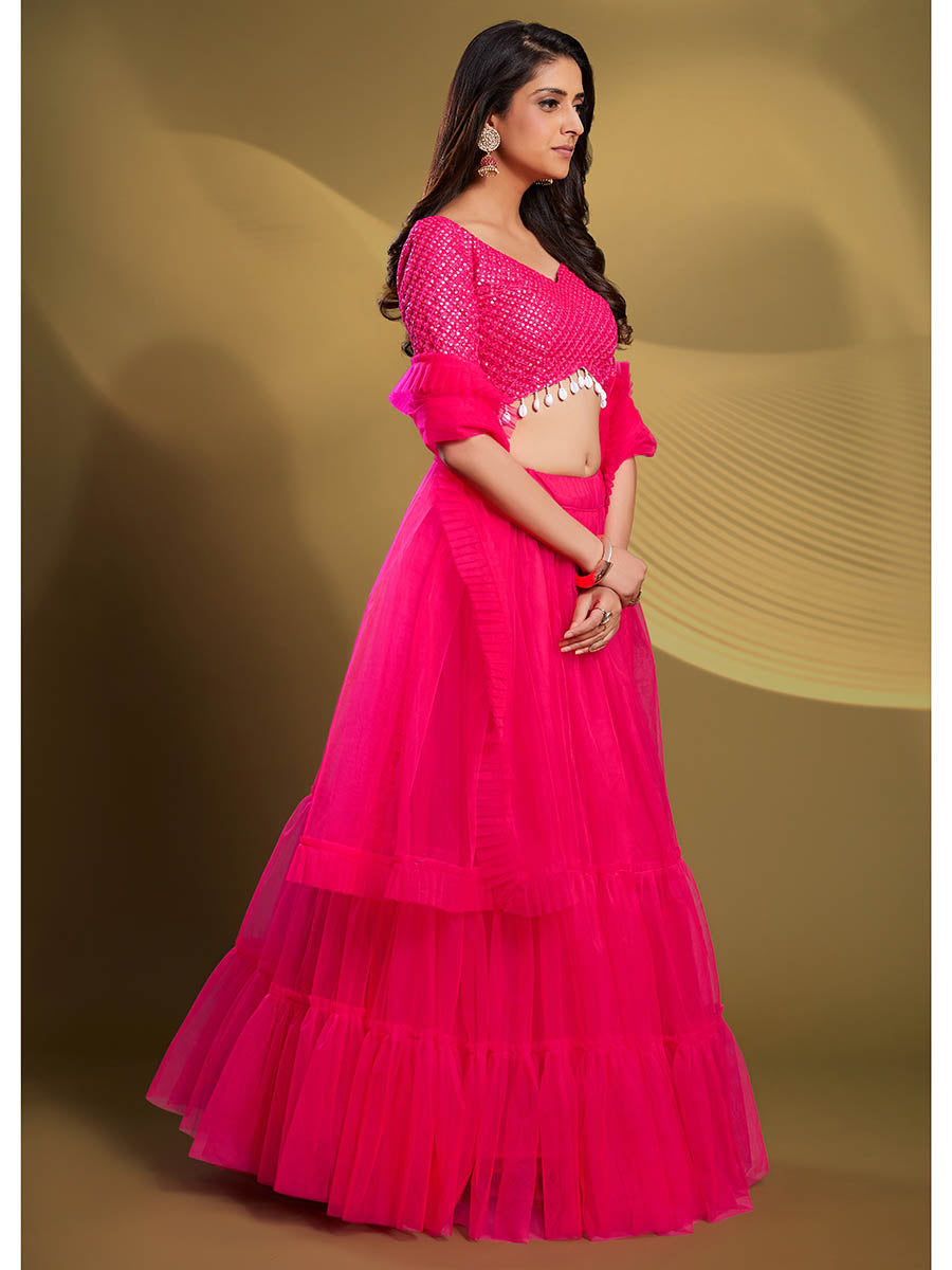 Pink Soft Net Embroidered Designer Lehenga