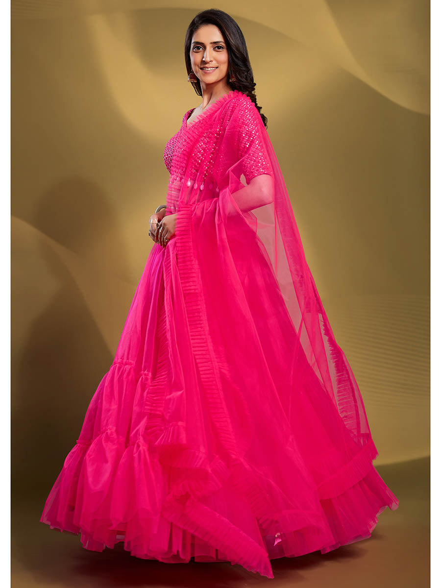 Pink Soft Net Embroidered Designer Lehenga