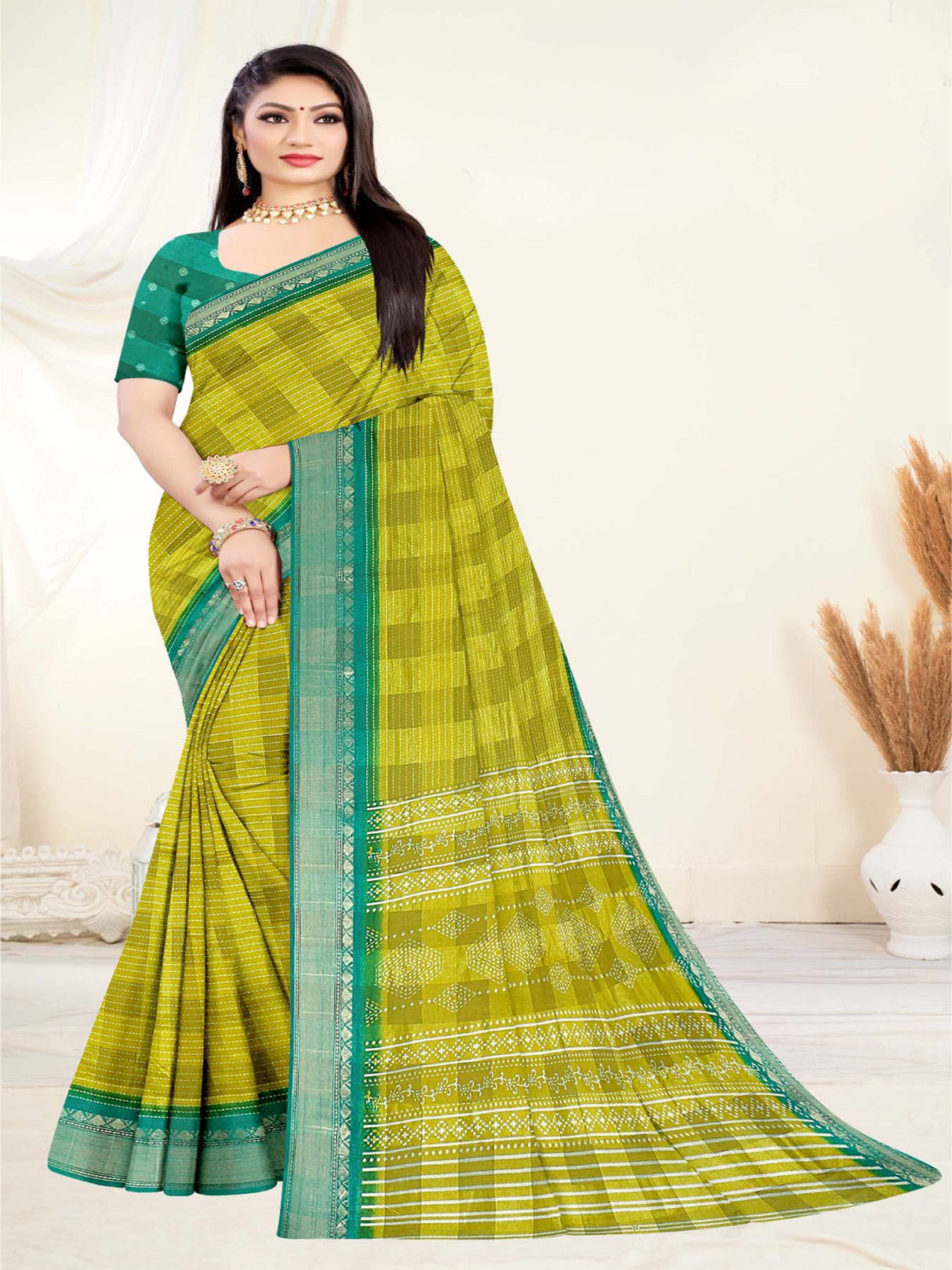 Mehandi Green Jute Silk Saree | BUY 1 GET 1 FREE