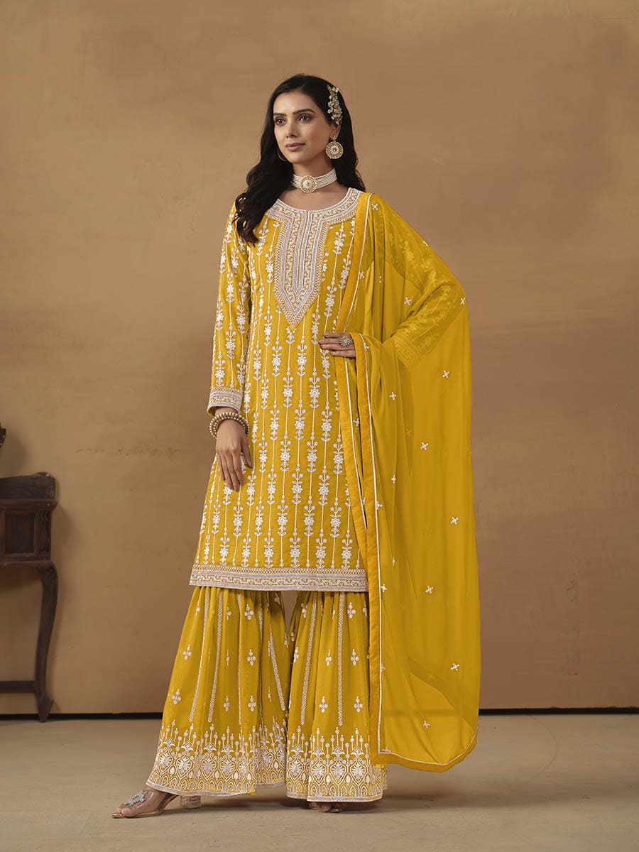 Lemon Yellow Georgette Embroidered Palazo Suit