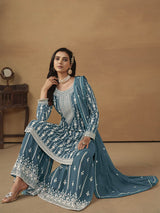 Sea Blue Georgette Embroidered Palazo Suit