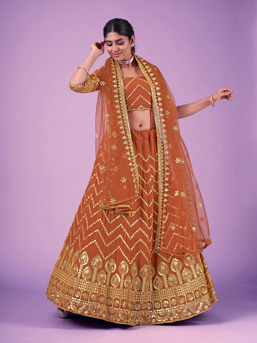 Orange Georgette Embroidered Designer Lehenga