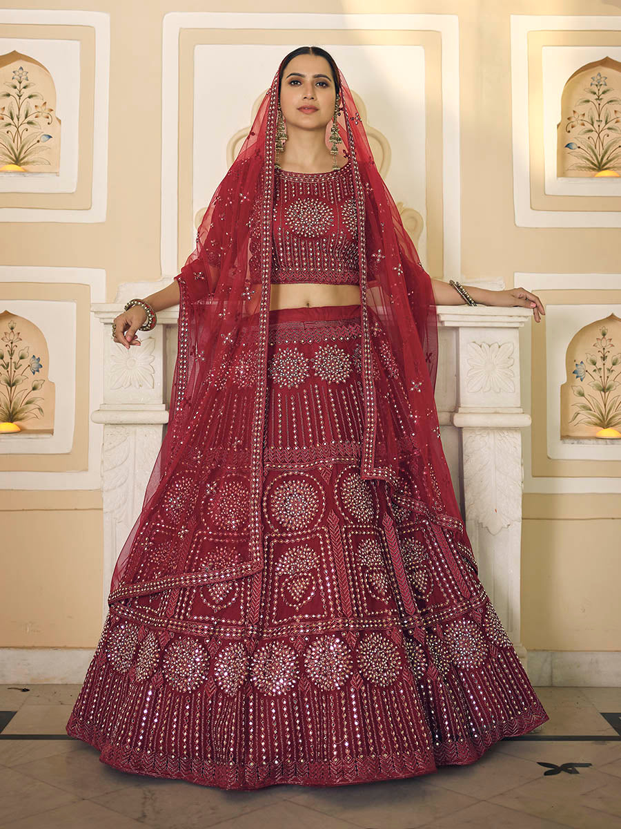 Maroon Soft Net Embroidered Lehenga