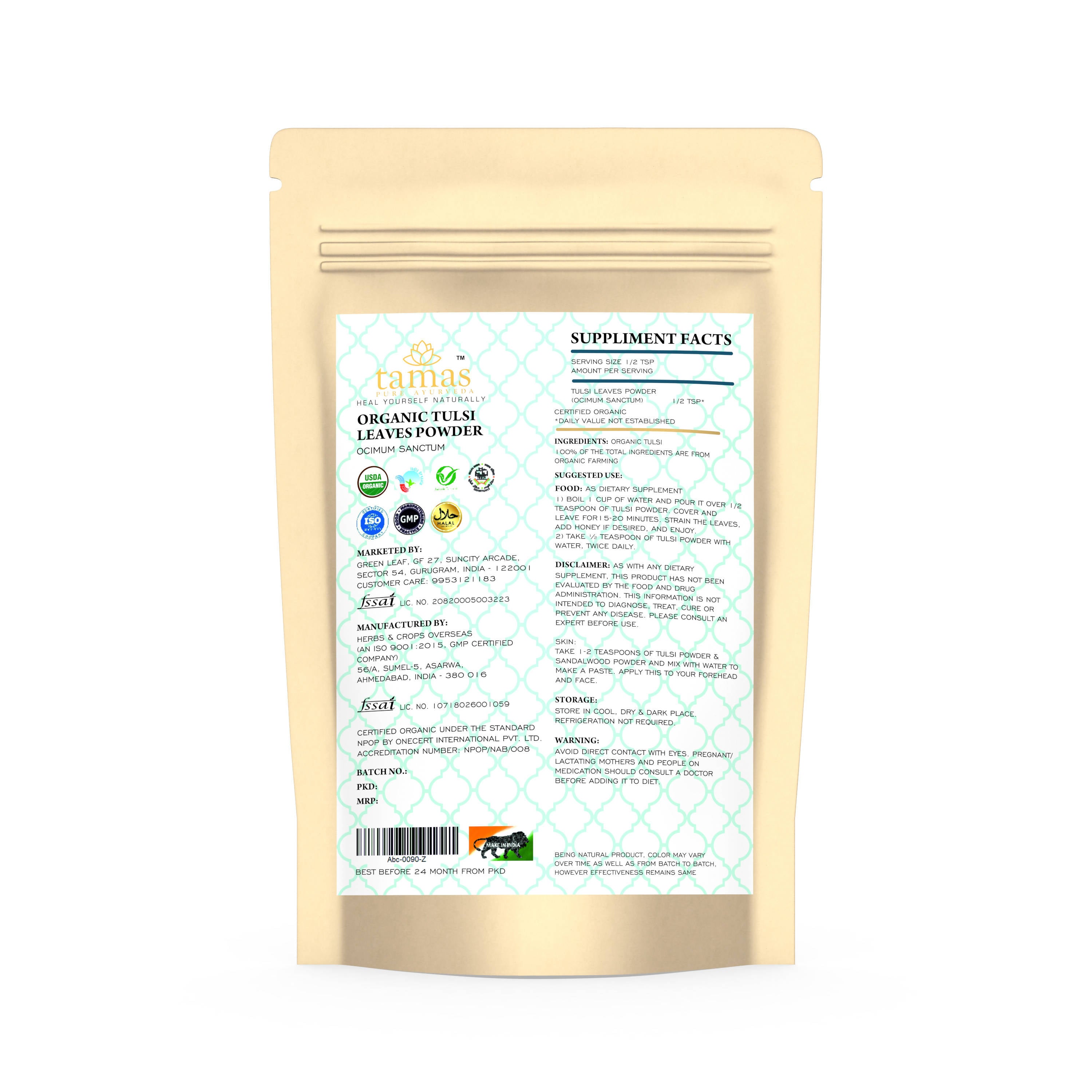 Tamas Pure Ayurveda Superfood Organic Tulsi Leaves Powder