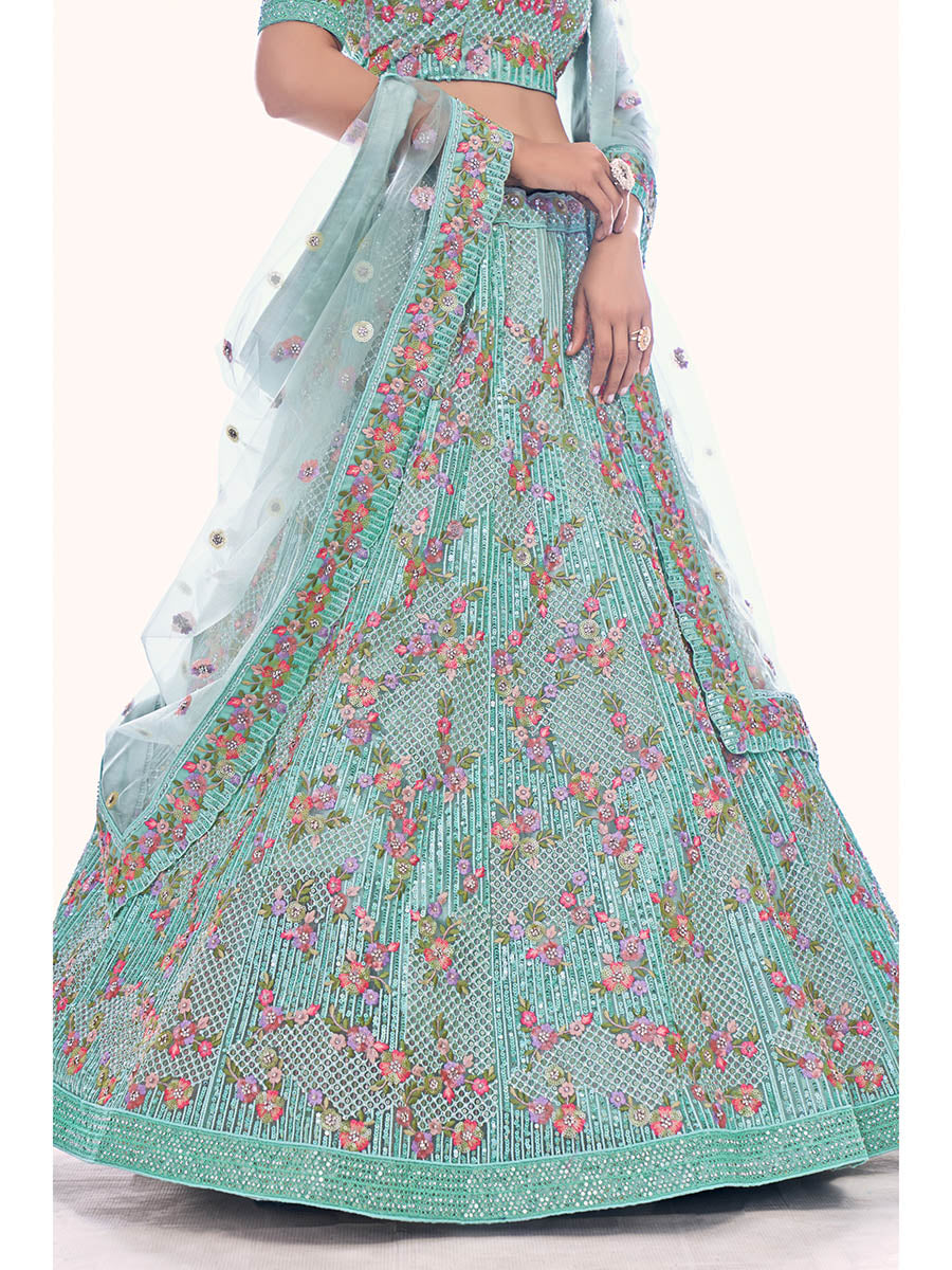 Firozi Soft Net Embroidered Designer Lehenga Choli