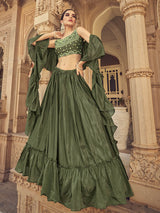 Olive Chinon & Art SIlk Embroidered Designer Lehenga Choli