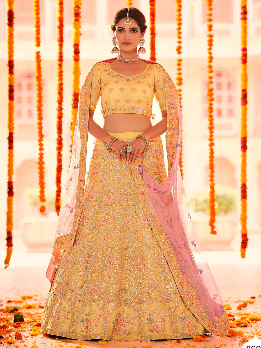 Yellow Organza Embroidered Designer Lehenga