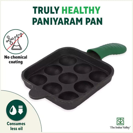 9 Pit/Cup CASTrong Cast Iron Paniyaram/Appe Pan+ Cool Silicone Grip, Pre - seasoned, Nonstick, 100% Pure, Toxin - free, 18cm, 2.4 kg - Vamzn#