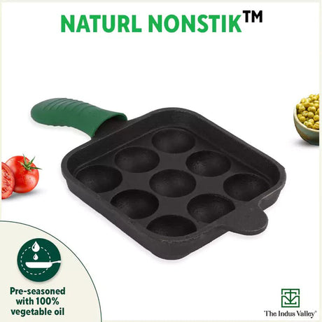 9 Pit/Cup CASTrong Cast Iron Paniyaram/Appe Pan+ Cool Silicone Grip, Pre - seasoned, Nonstick, 100% Pure, Toxin - free, 18cm, 2.4 kg - Vamzn#