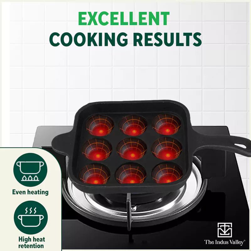 9 Pit/Cup CASTrong Cast Iron Paniyaram/Appe Pan+ Cool Silicone Grip, Pre - seasoned, Nonstick, 100% Pure, Toxin - free, 18cm, 2.4 kg - Vamzn#