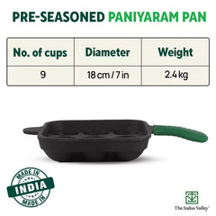 9 Pit/Cup CASTrong Cast Iron Paniyaram/Appe Pan+ Cool Silicone Grip, Pre - seasoned, Nonstick, 100% Pure, Toxin - free, 18cm, 2.4 kg - Vamzn#