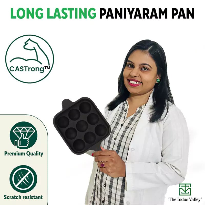 9 Pit/Cup CASTrong Cast Iron Paniyaram/Appe Pan+ Cool Silicone Grip, Pre - seasoned, Nonstick, 100% Pure, Toxin - free, 18cm, 2.4 kg - Vamzn#