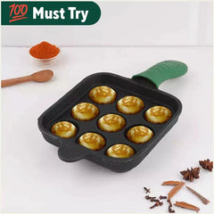 9 Pit/Cup CASTrong Cast Iron Paniyaram/Appe Pan+ Cool Silicone Grip, Pre - seasoned, Nonstick, 100% Pure, Toxin - free, 18cm, 2.4 kg - Vamzn#