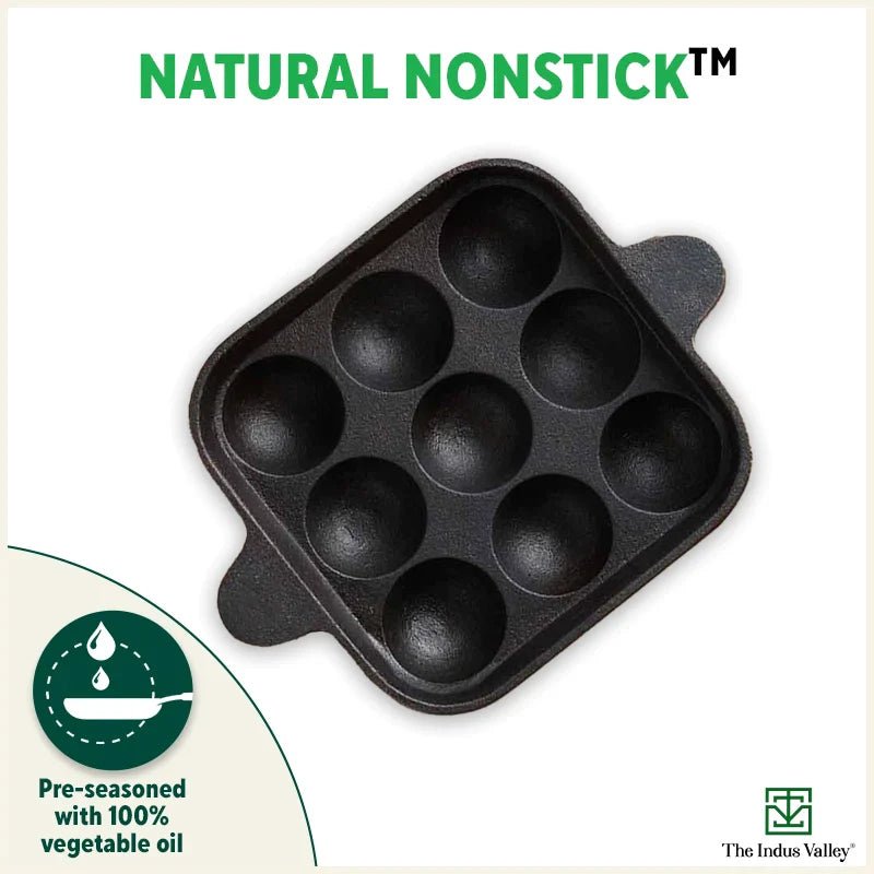 9 Pit/Cup CASTrong Cast Iron Paniyaram/Appe Pan+ Free Spatula, Pre - seasoned, Natural Nonstick, 100% Pure, Toxin - free, 24 cm, 1.34 kg - Vamzn#