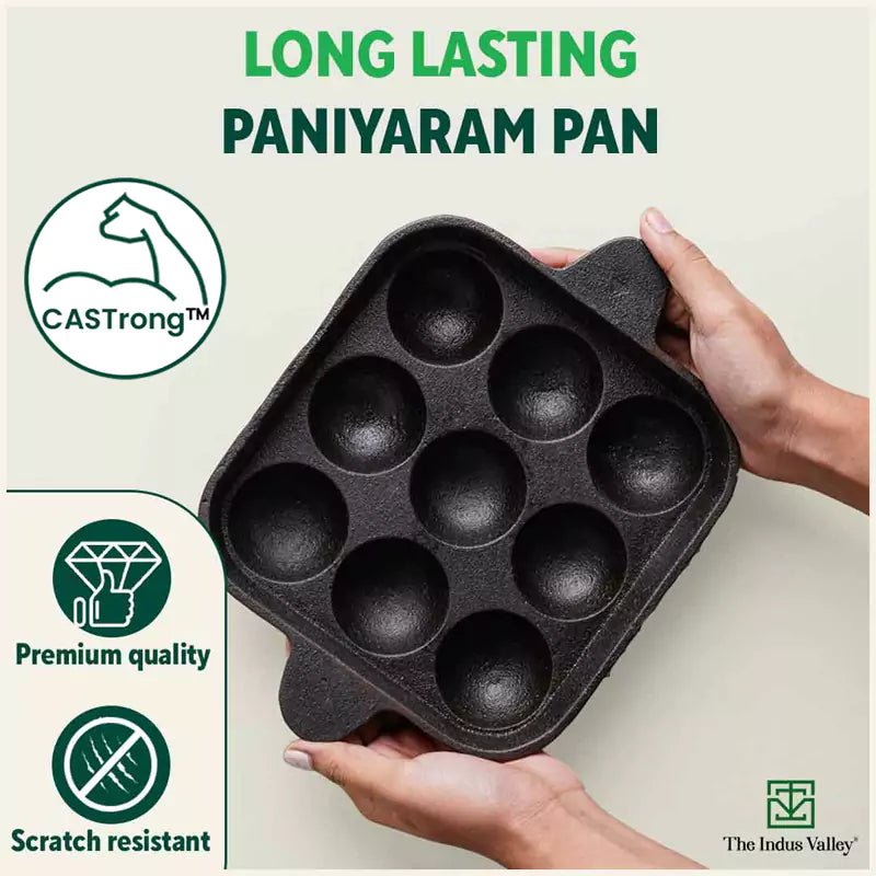 9 Pit/Cup CASTrong Cast Iron Paniyaram/Appe Pan+ Free Spatula, Pre - seasoned, Natural Nonstick, 100% Pure, Toxin - free, 24 cm, 1.34 kg - Vamzn#