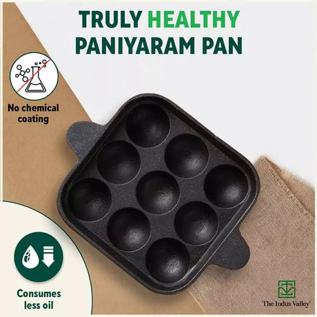 9 Pit/Cup CASTrong Cast Iron Paniyaram/Appe Pan+ Free Spatula, Pre - seasoned, Natural Nonstick, 100% Pure, Toxin - free, 24 cm, 1.34 kg - Vamzn#