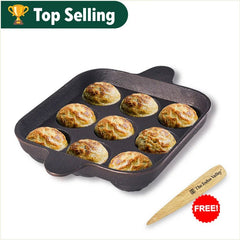 9 Pit/Cup CASTrong Cast Iron Paniyaram/Appe Pan+ Free Spatula, Pre - seasoned, Natural Nonstick, 100% Pure, Toxin - free, 24 cm, 1.34 kg - Vamzn#