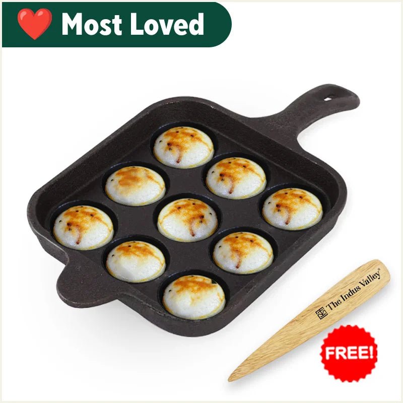 9 Pit/Cup CASTrong Cast Iron Paniyaram/Appe pan+ Free Spatula, Square, Long handle, Pre - seasoned, Nonstick, 100% Pure, Toxin - free, 18.5cm, 2.4kg - Vamzn#