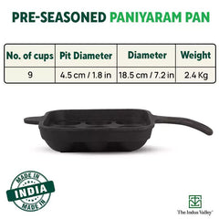 9 Pit/Cup CASTrong Cast Iron Paniyaram/Appe pan+ Free Spatula, Square, Long handle, Pre - seasoned, Nonstick, 100% Pure, Toxin - free, 18.5cm, 2.4kg - Vamzn#