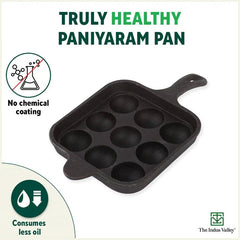 9 Pit/Cup CASTrong Cast Iron Paniyaram/Appe pan+ Free Spatula, Square, Long handle, Pre - seasoned, Nonstick, 100% Pure, Toxin - free, 18.5cm, 2.4kg - Vamzn#