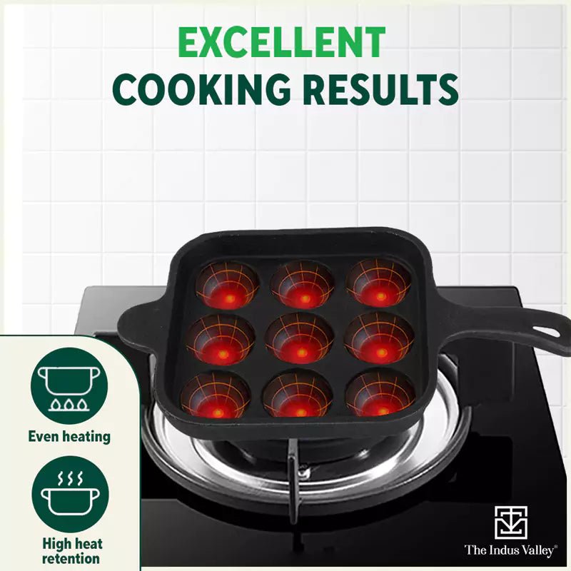 9 Pit/Cup CASTrong Cast Iron Paniyaram/Appe pan+ Free Spatula, Square, Long handle, Pre - seasoned, Nonstick, 100% Pure, Toxin - free, 18.5cm, 2.4kg - Vamzn#