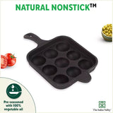 9 Pit/Cup CASTrong Cast Iron Paniyaram/Appe pan+ Free Spatula, Square, Long handle, Pre - seasoned, Nonstick, 100% Pure, Toxin - free, 18.5cm, 2.4kg - Vamzn#