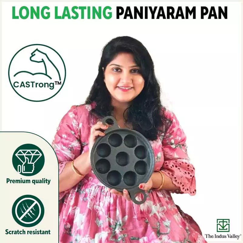 9 Pit/Cup CASTrong Cast Iron Paniyaram/Appe Pan+ Glass Lid, Pre - seasoned, Natural Nonstick, 100% Pure, Toxin - free, 21 cm, 2.7 kg - Vamzn#