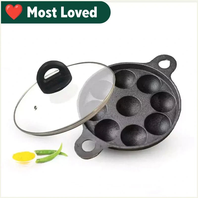 9 Pit/Cup CASTrong Cast Iron Paniyaram/Appe Pan+ Glass Lid, Pre - seasoned, Natural Nonstick, 100% Pure, Toxin - free, 21 cm, 2.7 kg - Vamzn#