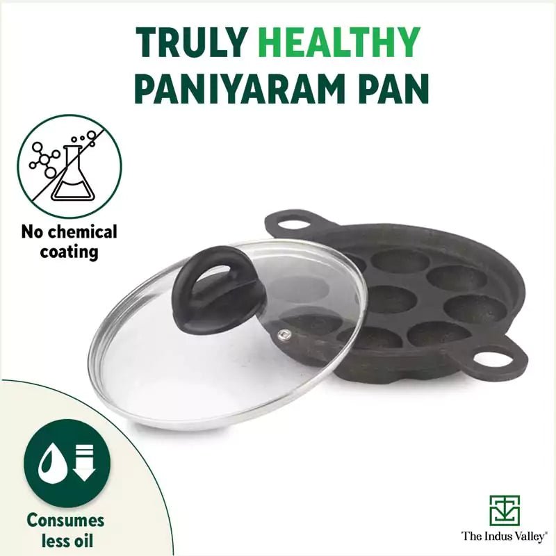 9 Pit/Cup CASTrong Cast Iron Paniyaram/Appe Pan+ Glass Lid, Pre - seasoned, Natural Nonstick, 100% Pure, Toxin - free, 21 cm, 2.7 kg - Vamzn#