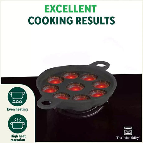 9 Pit/Cup CASTrong Cast Iron Paniyaram/Appe Pan+ Glass Lid, Pre - seasoned, Natural Nonstick, 100% Pure, Toxin - free, 21 cm, 2.7 kg - Vamzn#