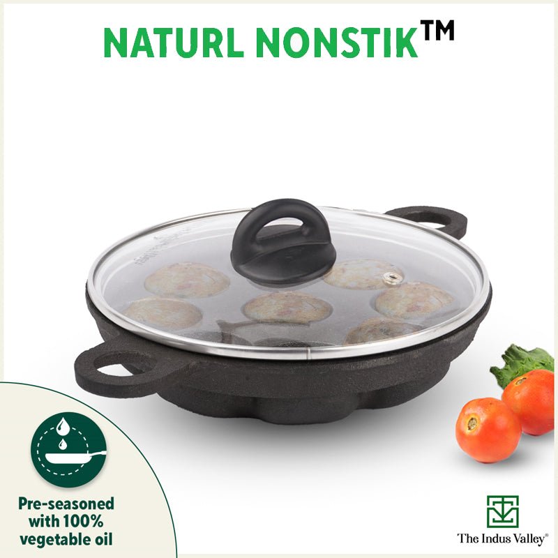 9 Pit/Cup CASTrong Cast Iron Paniyaram/Appe Pan+ Glass Lid, Pre - seasoned, Natural Nonstick, 100% Pure, Toxin - free, 21 cm, 2.7 kg - Vamzn#