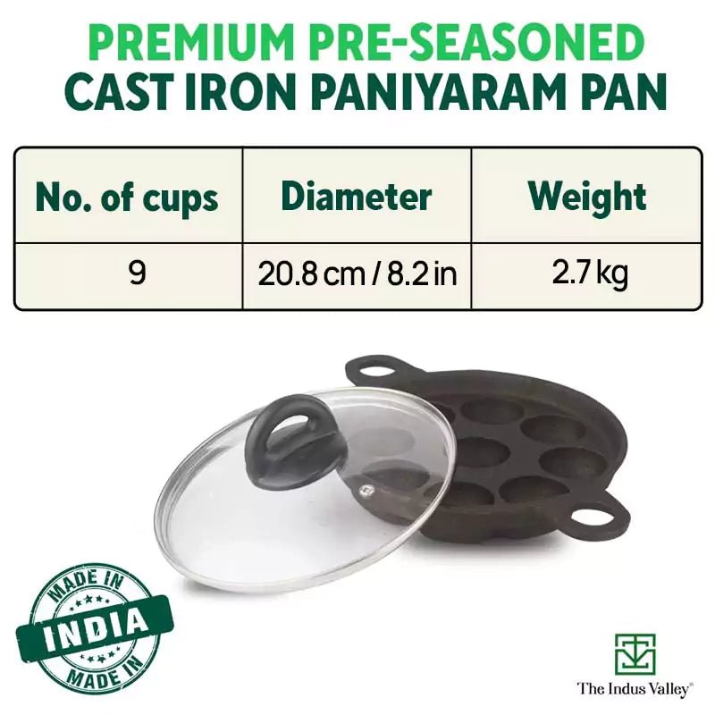 9 Pit/Cup CASTrong Cast Iron Paniyaram/Appe Pan+ Glass Lid, Pre - seasoned, Natural Nonstick, 100% Pure, Toxin - free, 21 cm, 2.7 kg - Vamzn#