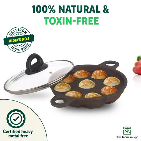 9 Pit/Cup CASTrong Cast Iron Paniyaram/Appe Pan+ Glass Lid, Pre - seasoned, Natural Nonstick, 100% Pure, Toxin - free, 21 cm, 2.7 kg - Vamzn#