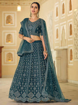 Rama Blue Soft Net Embroidered Lehenga