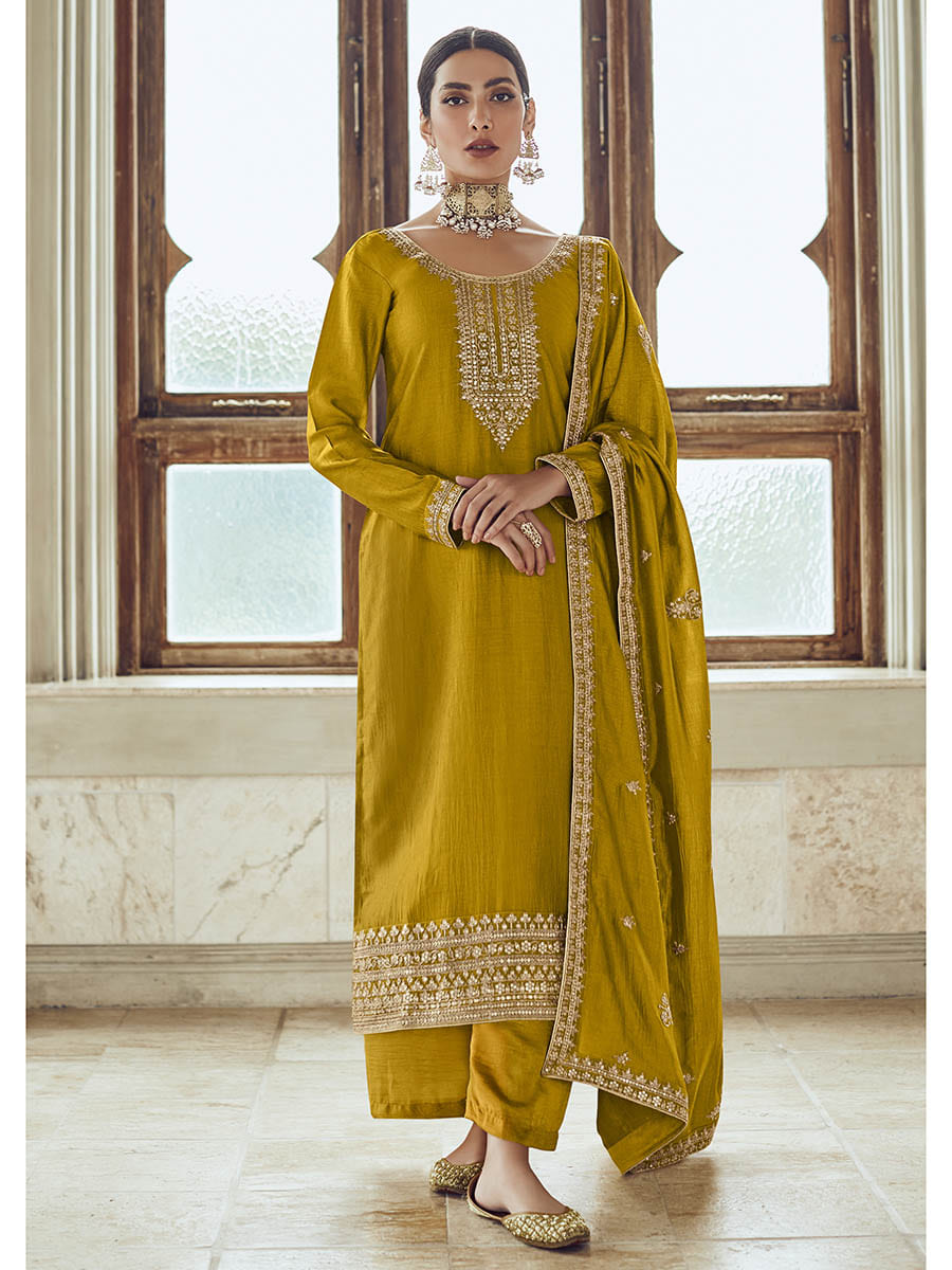 Mustard Yellow Premium Silk Embroidered Pant Style Suit