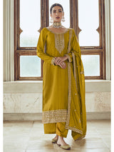 Mustard Yellow Premium Silk Embroidered Pant Style Suit