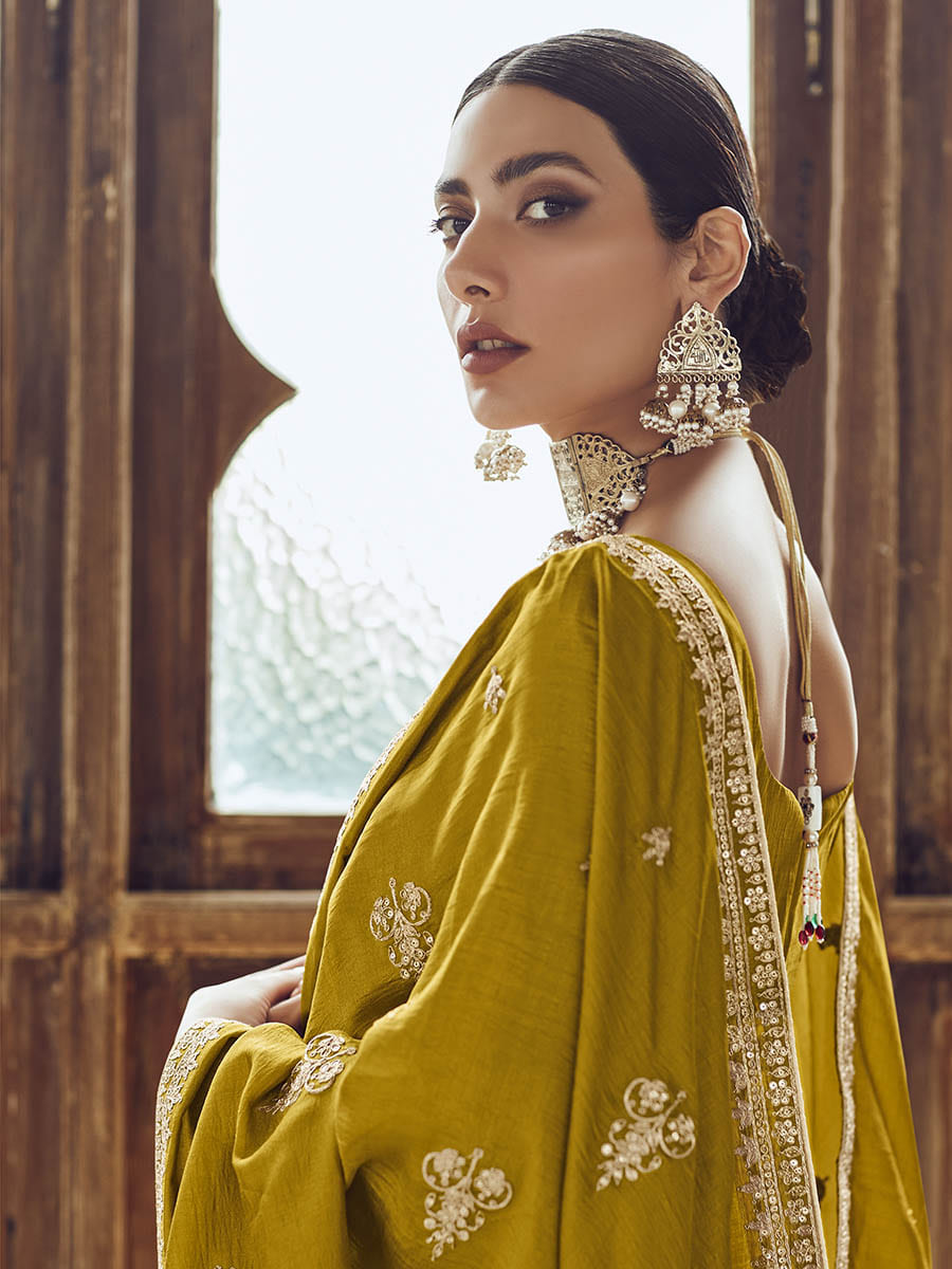 Mustard Yellow Premium Silk Embroidered Pant Style Suit