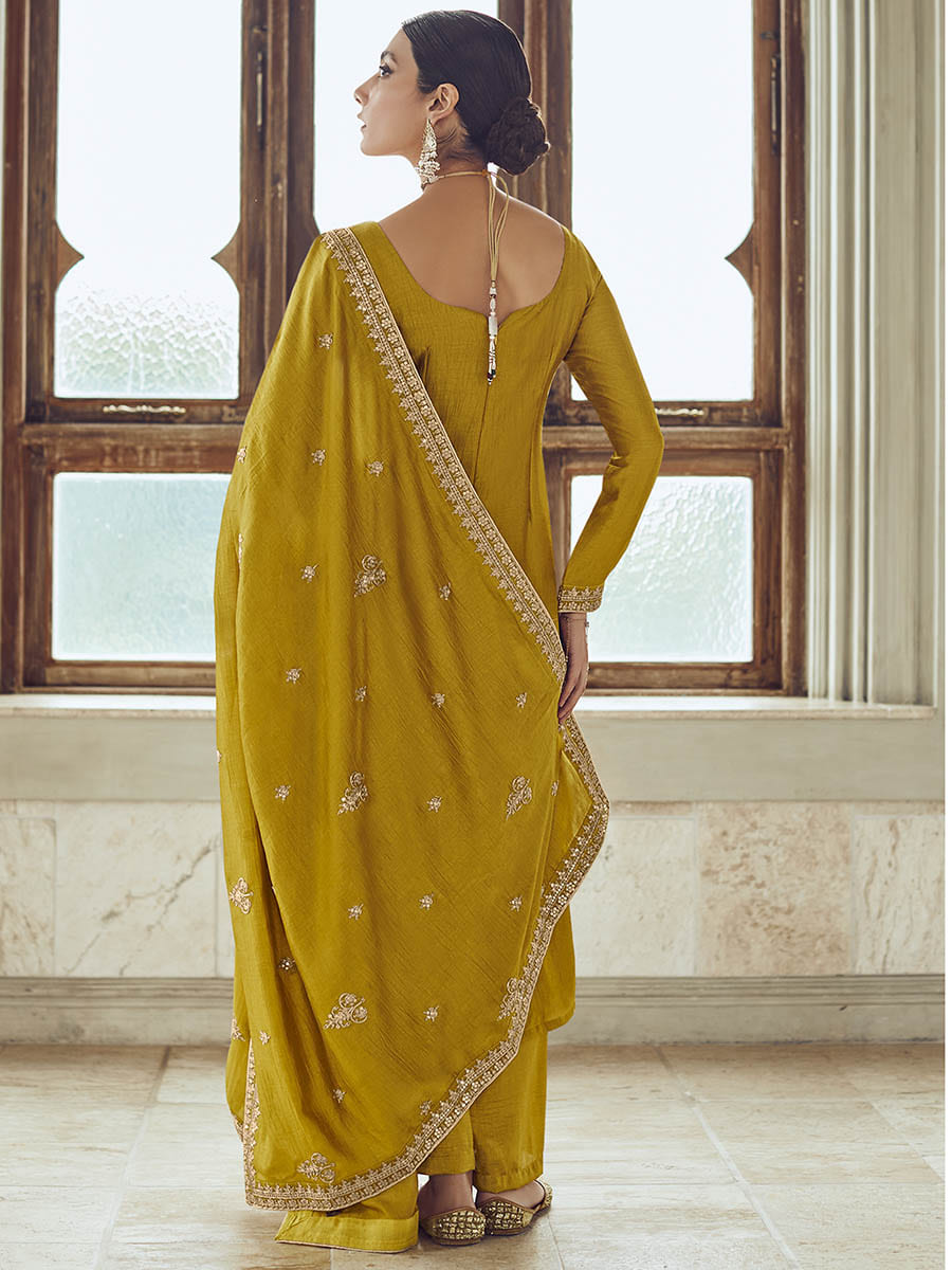 Mustard Yellow Premium Silk Embroidered Pant Style Suit