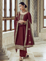 Maroon Premium Silk Embroidered Pant Style Suit