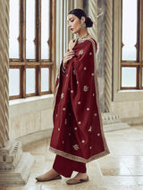 Maroon Premium Silk Embroidered Pant Style Suit