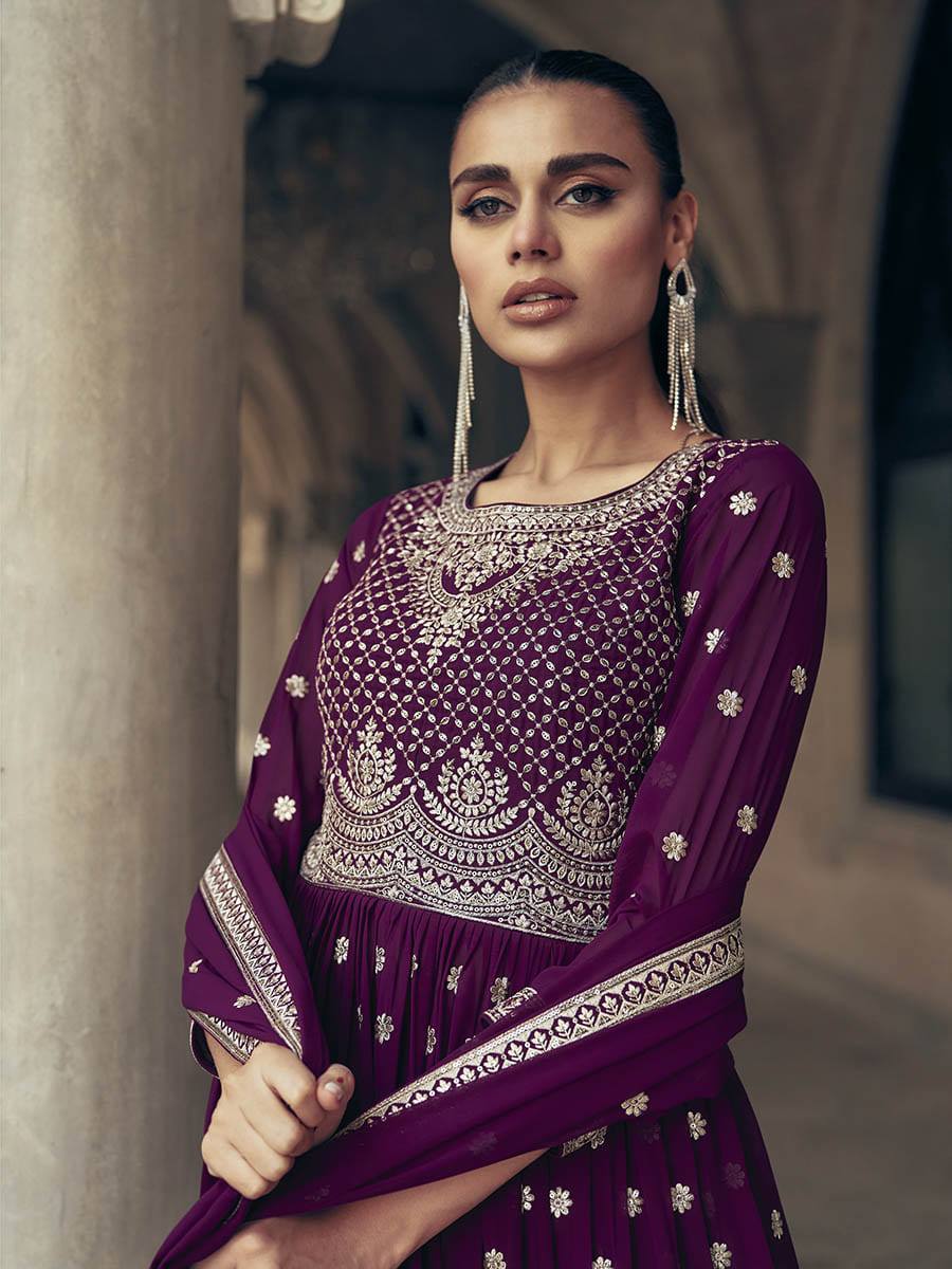 Purple Real Georgette Gharara Style Embroidered Suit