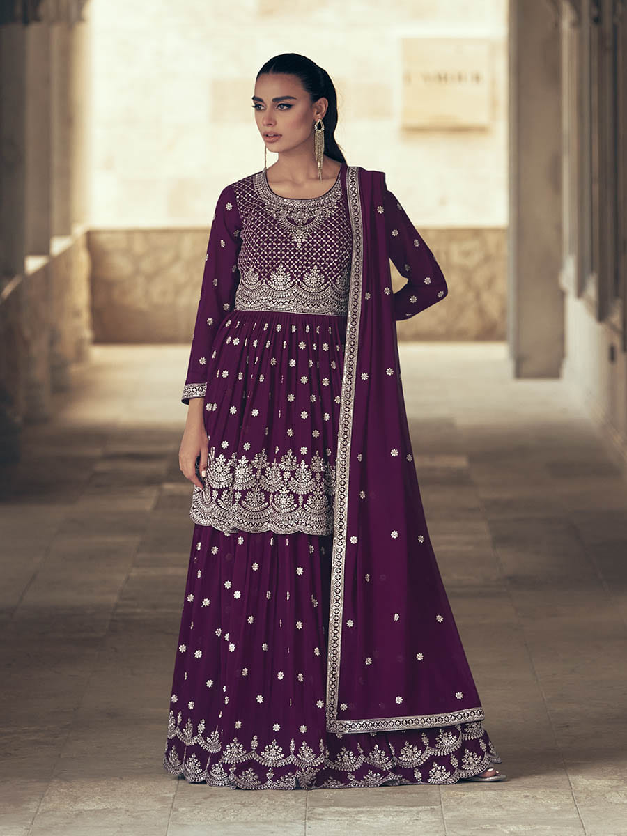 Purple Real Georgette Gharara Style Embroidered Suit