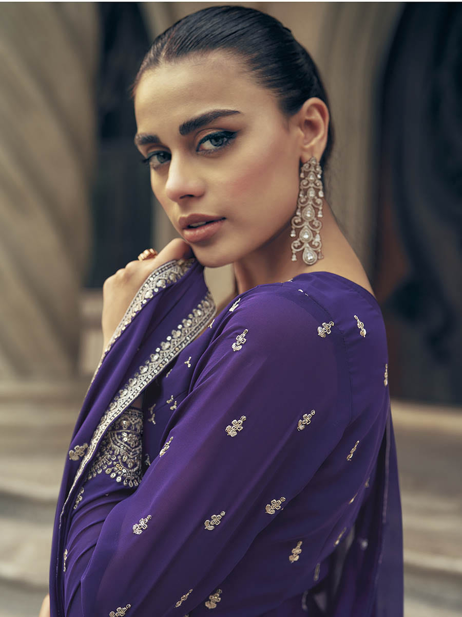 Violet Real Georgette Gharara Style Embroidered Suit