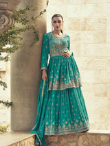 Sea Green Real Georgette Gharara Style Embroidered Suit