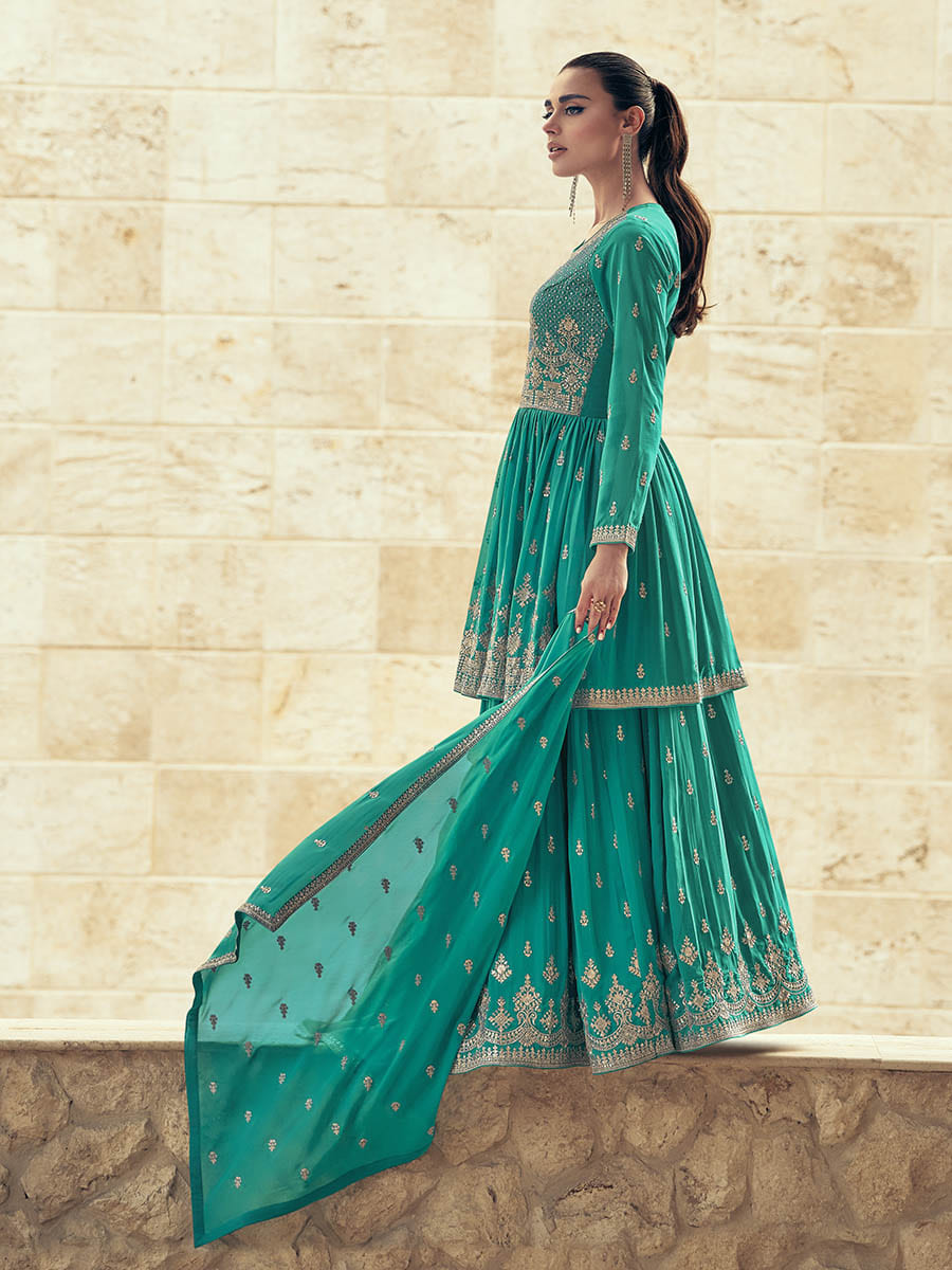 Sea Green Real Georgette Gharara Style Embroidered Suit