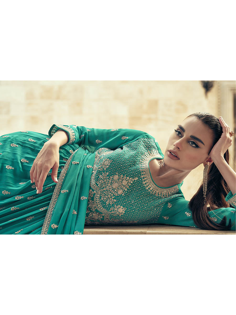 Sea Green Real Georgette Gharara Style Embroidered Suit