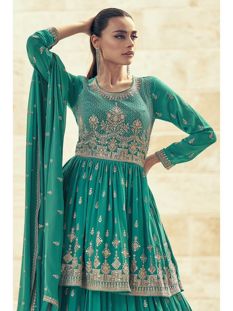 Sea Green Real Georgette Gharara Style Embroidered Suit