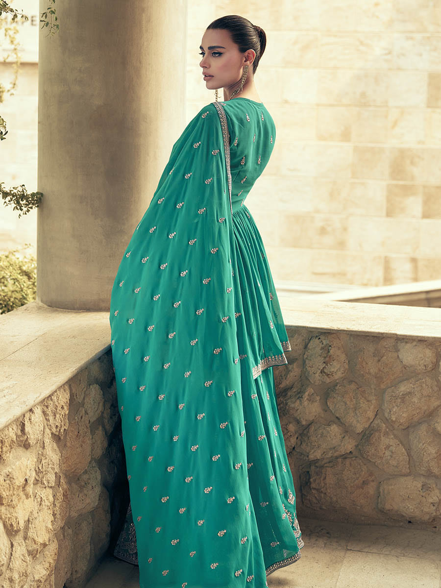 Sea Green Real Georgette Gharara Style Embroidered Suit