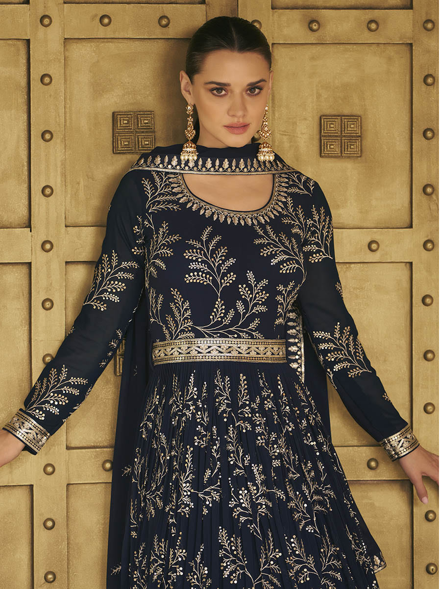 Navy Blue Georgette Embroidered Designer Suit