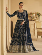 Navy Blue Georgette Embroidered Designer Suit